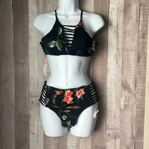 NWT, TINIBIKINI Reversable 2 Pc High Waisted Bathing Suit Black/+Floral Large